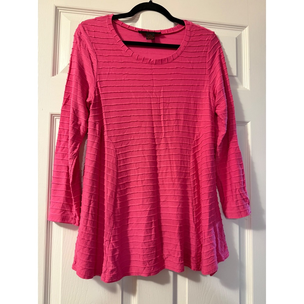 Pleats Collection Hot Pink Textured Ribbed Long Sleeve Tunic Top Scoop Neck S
